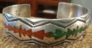 Vintage Navajo " Tommy Singer " Silver Crushed Turquoise And Coral Inlay Bracelet