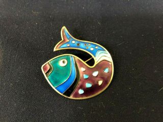 Vintage David Andersen Signed Hand - Painted Enamel And Sterling Silver Fish Pin
