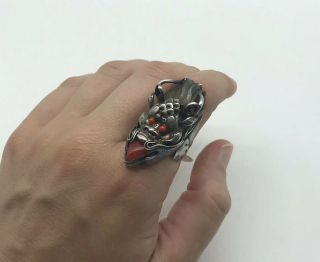 Large Dragon Carnelian Sterling Silver Ring Chinese Japanese Vtg Serpent Asian