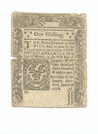 Orig.  State Of Connecticut Colonial Note " One Shilling " 1776