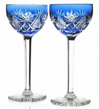 Val St Lambert Cobalt Blue Cut To Clear Crystal Wine Goblets Pair Vintage 7.  5 "