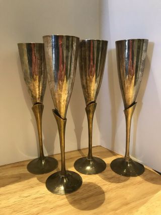 Brass Silver Plate Champagne Flutes Set Of 4 Wine,  Goblet,  Made In India