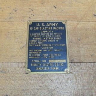 Old Us Army 10 Cap Blasting Machine Nameplate Tag Sm Sign Fideltiy Elec Penna