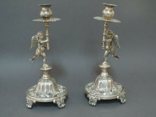 Rare Decorative Spanish Marked Solid Silver Pair Candlesticks Figurative Putti