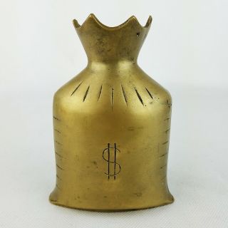 Solid Brass Money Bag Vintage Piggy Bank Change Jar Bud Vase Dollar Signs 5.  5 "