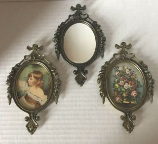 2 Vintage Metal Oval Framed Pictures & 1 Mirror Wall Decor