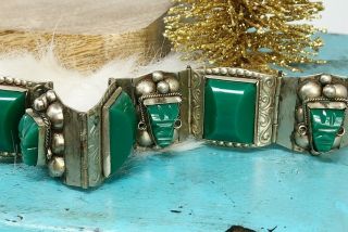 Vintage Mexico 925 Sterling Silver Carved Green Onyx Mask Panel Link Bracelet 2