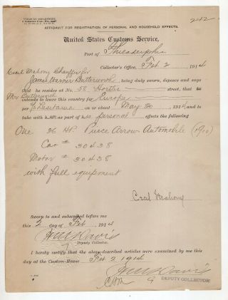 1914 U.  S.  Customs Document For Automobile On Lusitania