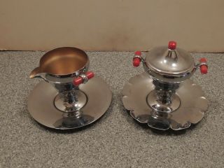 Vintage Manning Bowman Art Deco Chrome & Bakelite Cream And Sugar With Trays