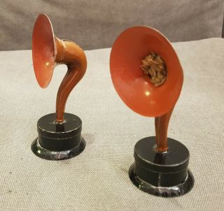 2 X Figural Horn Speaker Clarnico Brand Cauchos Gramophone Needle Tins,  1910