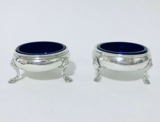Antique Georgian 1837 Solid Sterling Silver Salt Cellars With Blue Glass Liners
