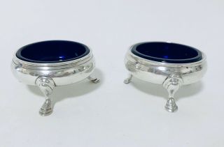Antique Georgian 1837 Solid Sterling Silver Salt Cellars with Blue Glass Liners 2