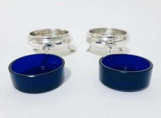Antique Georgian 1837 Solid Sterling Silver Salt Cellars with Blue Glass Liners 3