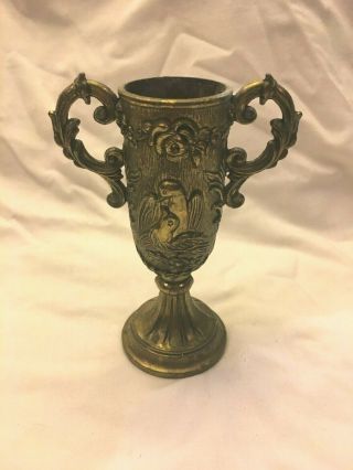 Vintage Brass Birds & Floral Vase With Two Handles Made In Italy 6 1/2 "