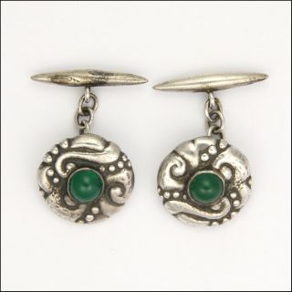 Art Nouveau Skonvirke Silver And Chrysoprase Agate Cufflinks - Perlen