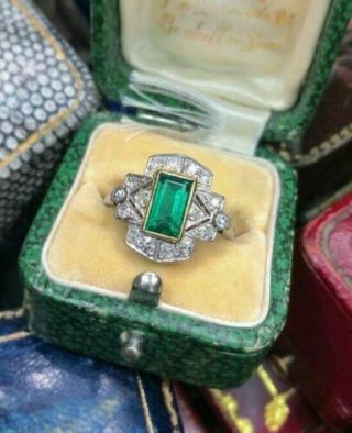 Engagement Ring Vintage Art Deco 3 Ct Green Emerald Diamond 14k White Gold Over