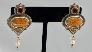 Vintage Signed Julie Shaw 14k Gold St Silver Citrine Pearl Enamel Earrings Large