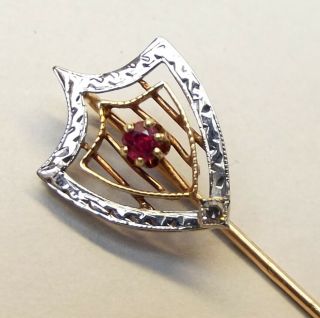 Vtg 14k Gold Ruby Diamond Stick Hat Lapel Pin White Yellow Art Deco Shawl Scarf