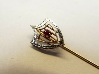 Vtg 14K Gold Ruby Diamond Stick Hat Lapel Pin White Yellow Art Deco Shawl Scarf 3