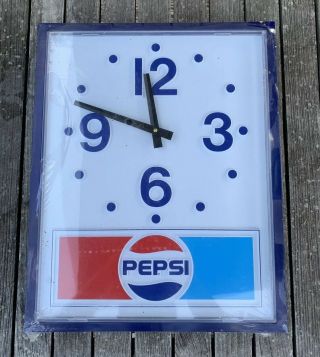 Vtg Pepsi - Cola Sign Clock Advertising Battery Operated Blue White 14”x18”usa