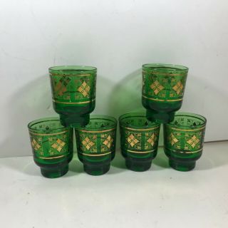 Set Of 6 Emerald Green Glass Gold Gilded Shot Glasses