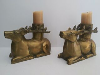 2 Vintage Solid Brass Deer Christmas Candle Holder Reindeer Set Heavy 5 Pounds