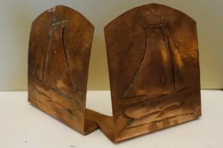 Fmzbx Pair Vintage Hammered Copper Bookends,  Arts & Crafts Style,  Sailboats