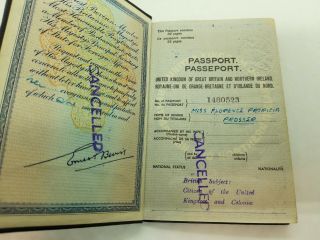 1950 British UK passport with visas: AMG,  France,  Holland,  Portugal,  Spain 2