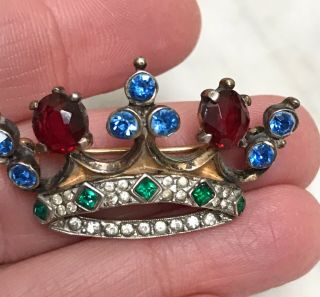 Vintage Crown Trifari Sterling Silver Jewel Tone Rhinestones Crown Brooch Pin