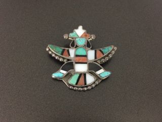 Vintage Zuni Indian Sterling Silver Kachina Inlay Turquoise Coral Mop Pin Brooch