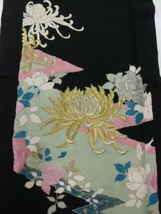 2d02z70 Japanese Kimono Silk Fabric Black Chrysanthemum 47.  2 " Embroidery