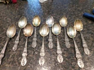 Set Of 10 Decorative Sterling Silver Spoons 5 3/4 " Long