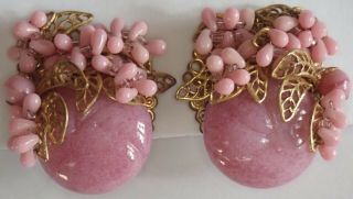 Vintage Miriam Haskell Gold Gilt Filigree Pink Art Glass Bead Clip Earrings