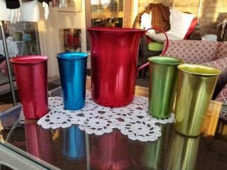 Vintage 5 Pc Set Heller Hostess Ware Colorama Aluminum Pitcher Tumblers Italy