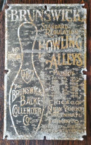 Antique Brass Brunswick Bowling Alley Metal Post Sign 1896 - 1912 Patents