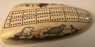 Antique Vintage Cribbage Board Hand Carved Scrimshaw Signed Nuguruk