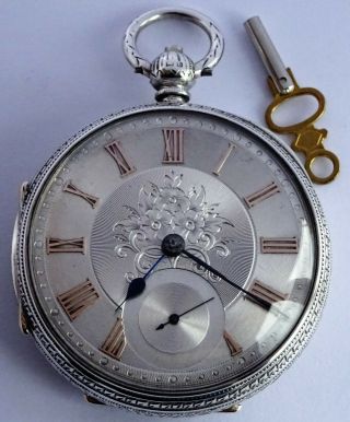 Edwardian Large Solid Silver Fusee Pocket Watch Silvered Dial,  1906.  147g