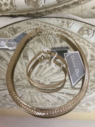 Vintage Christian Dior Necklace & Bracelet Set Gold Herringbone Nwt Never Worn