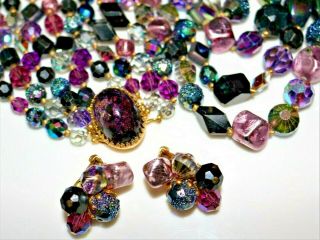 Fab Vtg Hattie Carnegie Multi Strand Carnival Glass Bead Necklace Earrings Set
