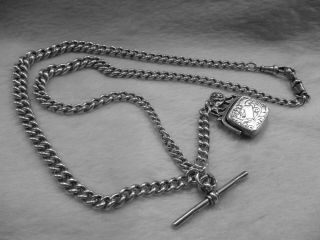 Antique Sterling Silver Double Albert Watch Chain T.  Bar & Fob B/ham 1914/15.