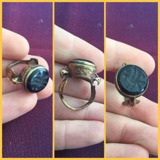 Rare Post Medieval Bronze Gilt Stone Seal Ring 18th To 19th C