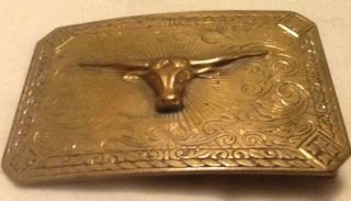 Vintage Texas Long Horn Cow Steer Stamped Or Pressed Brass Belt Buckle 2