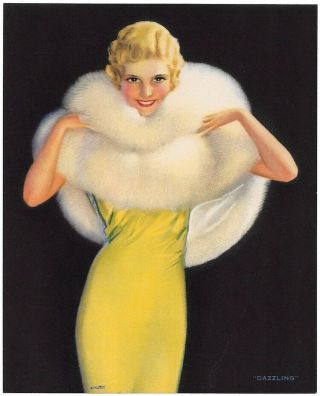 Vintage 1930s Rolf Armstrong Art Deco Pin - Up Print Dazzling Fur - Wrapped Flapper