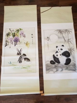 Vintage Asian Large Wall Hangings Hand Painted Signed Rabbit Pandas