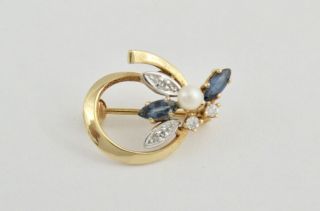 Antque Art Deco 14k Yellow Gold Diamond Sapphire Pearl Pin Signed Fb
