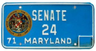 Vintage Maryland 1971 State Senator License Plate,  24,  Political,  Government