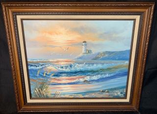 Vintage H.  Gailey Oil On Canvas Painting Seascape Lighthouse Nautical 20x16