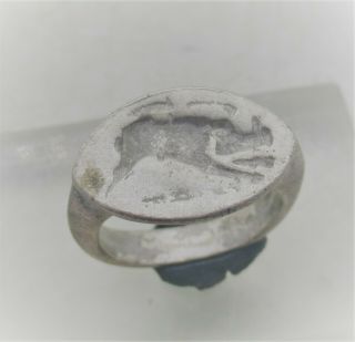Ancient Roman Ar Silver Seal Ring With Depiction Of Boar On Bezel 200 - 300ad