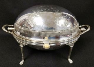 Antique Silver Plate Armorial Heraldic Revolving Dome Food Warmer Complete