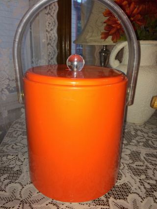 Mid Century Lucite And Orange Vinyl Ice Bucket Barware